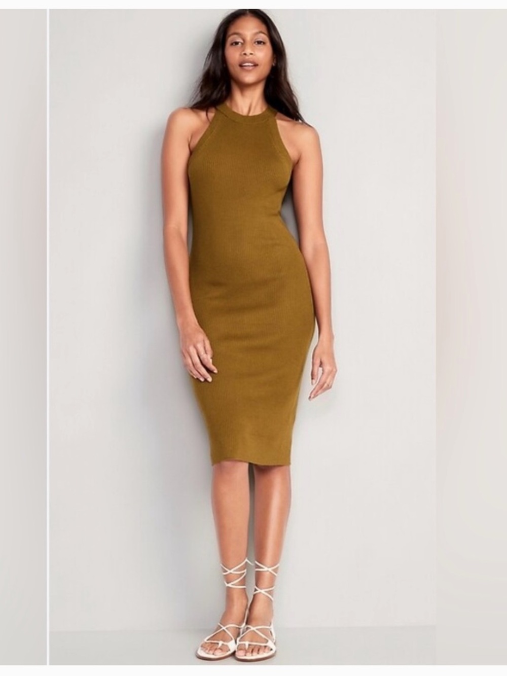 Old Navy Olive Brown Rib-Knit Midi Dress Medium